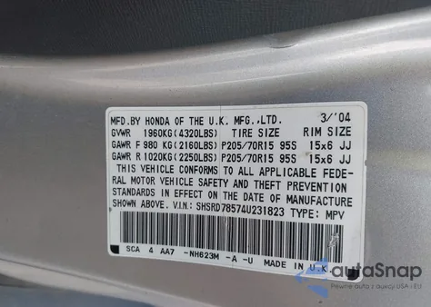 2004 Honda Cr-V Lx z USA, uszkodzony, nr VIN SHSRD78574U231823